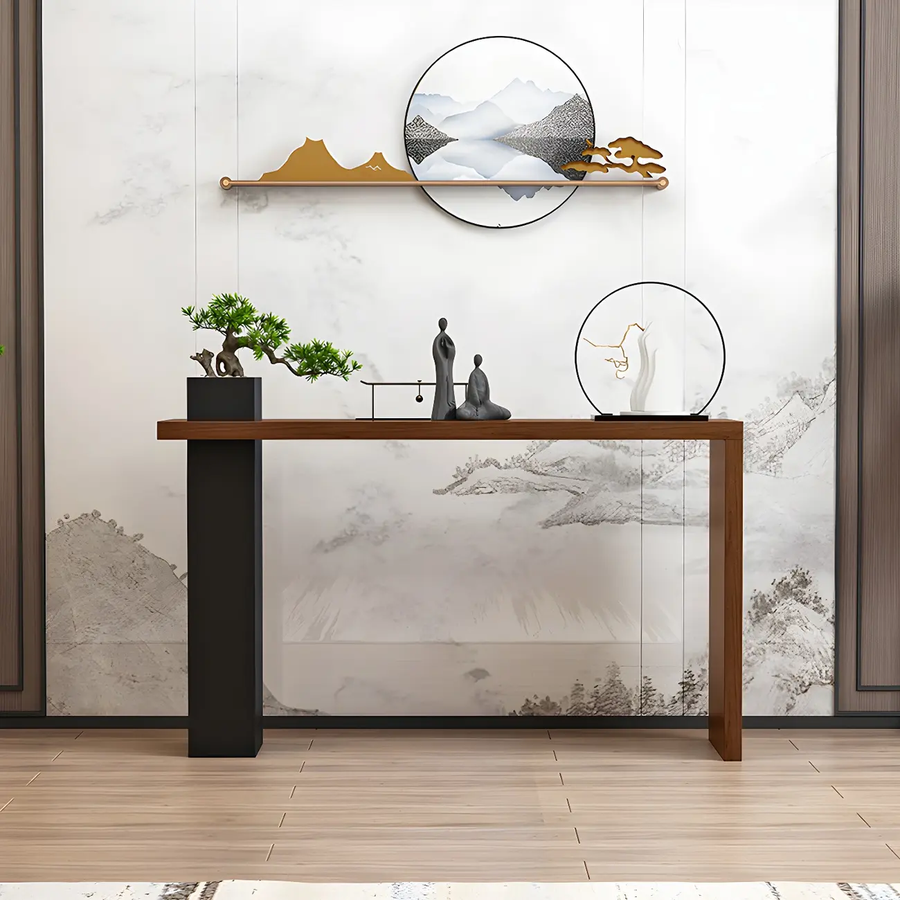 Rectangular Walnut-Black Pillar Wood Console Table Image - 1 | homeyfad