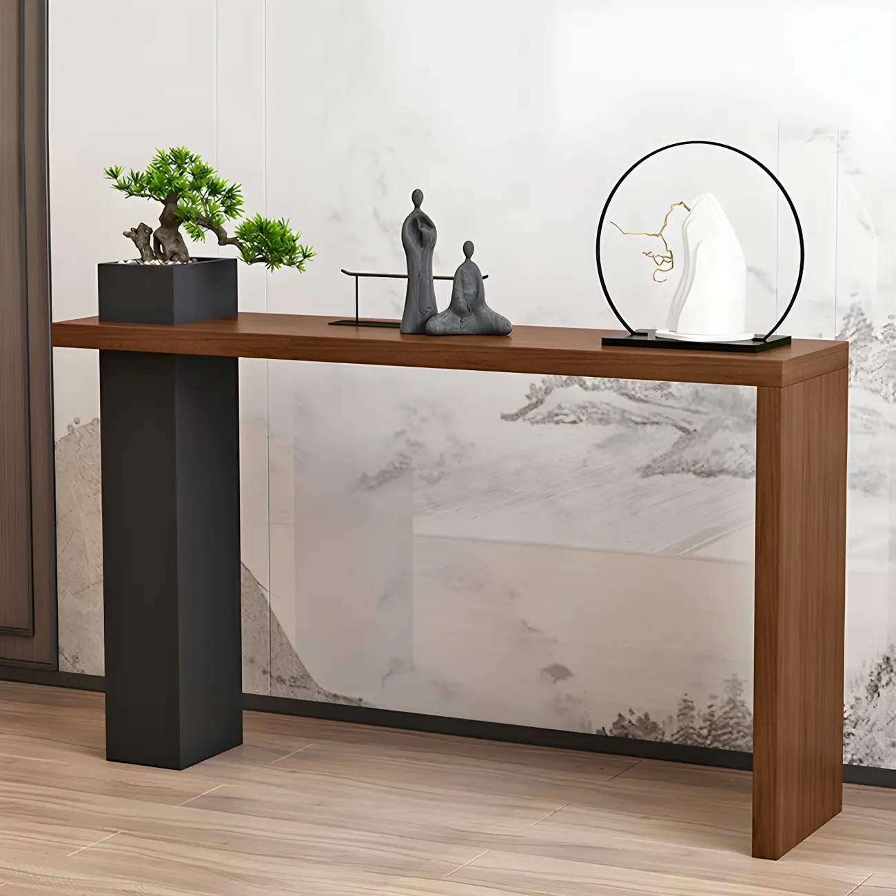 Rectangular Walnut-Black Pillar Wood Console Table Image - 2 | homeyfad