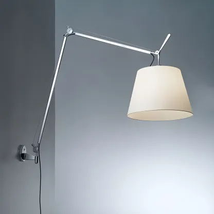 Simple Fabric Shade Silver Swing Arm Wall Light Image - 1