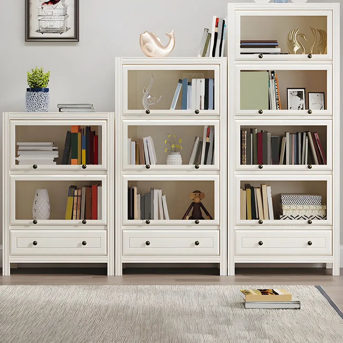 Modish White Wooden Bookcase with Glass Doors Image - 1