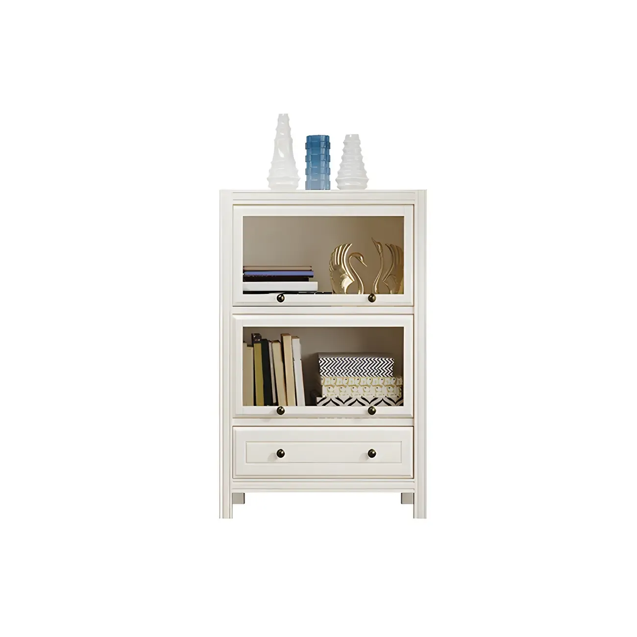Modish White Wooden Bookcase with Glass Doors Image - 2