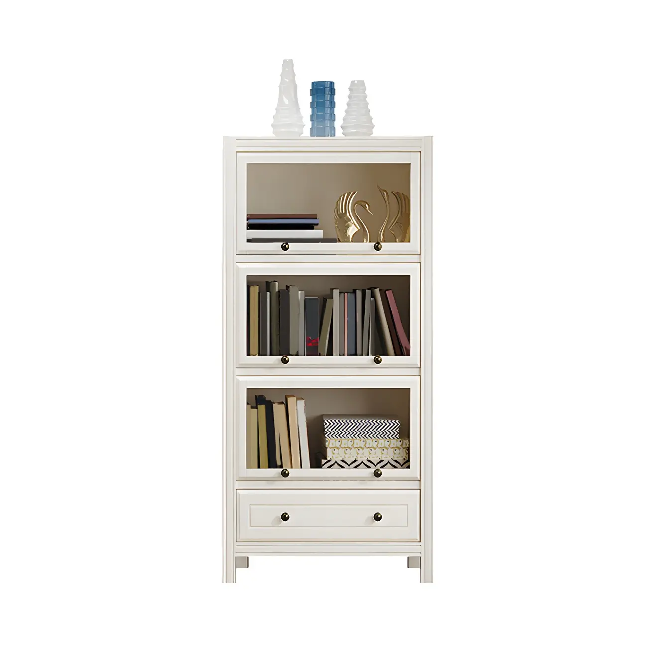 Modish White Wooden Bookcase with Glass Doors Image - 3 | homeyfad