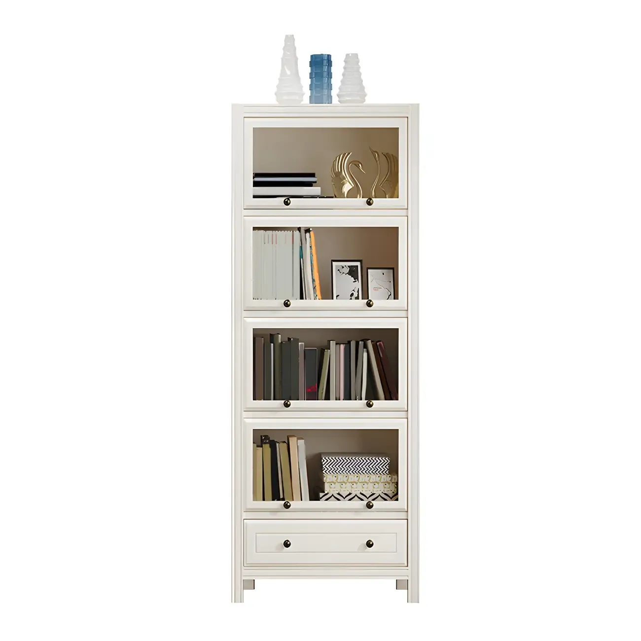 Modish White Wooden Bookcase with Glass Doors Image - 5