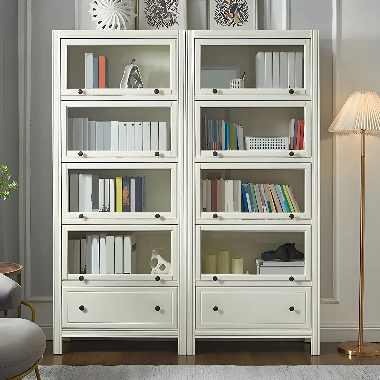 Modish White Wooden Bookcase with Glass Doors Image - 6