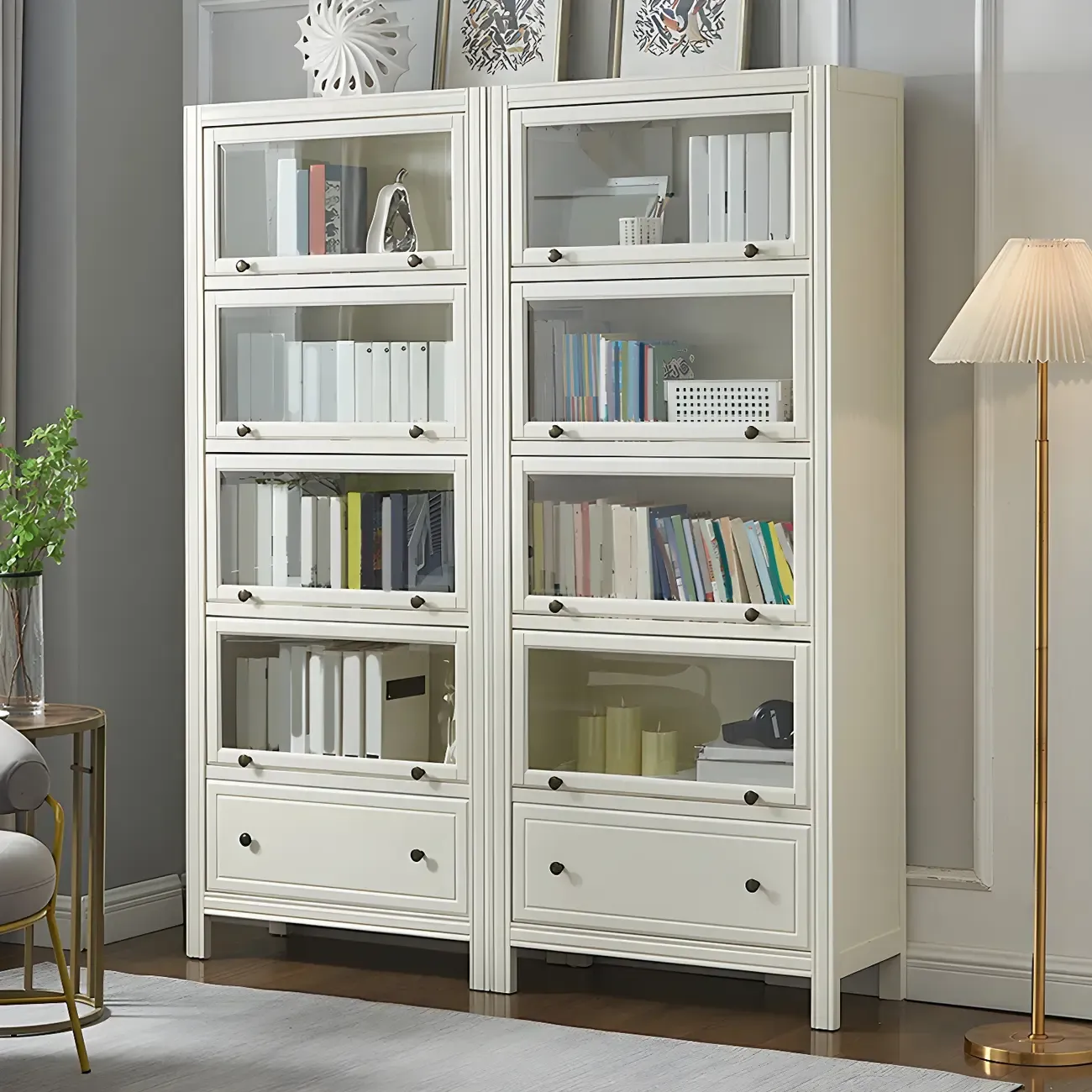Modish White Wooden Bookcase with Glass Doors Image - 7