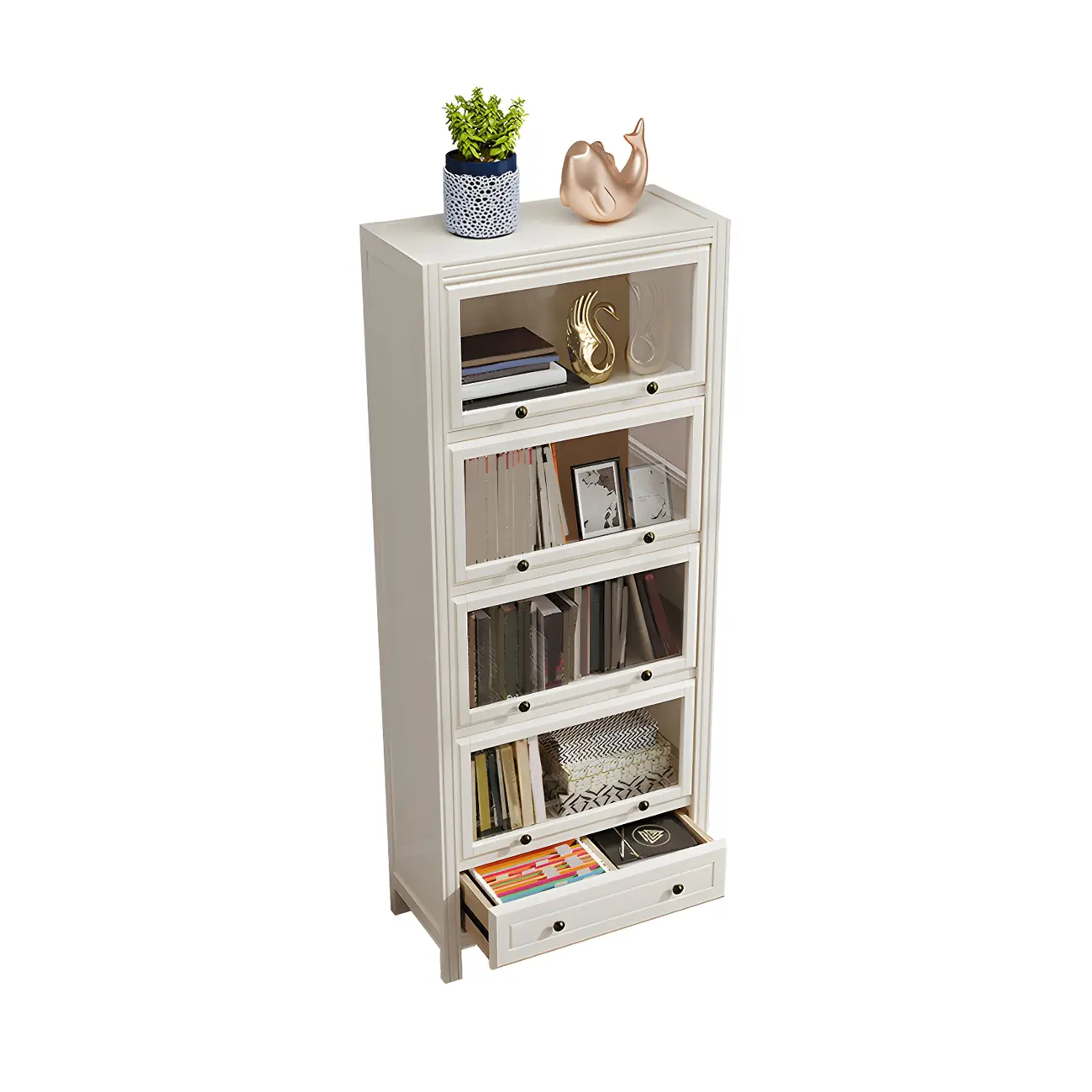 Modish White Wooden Bookcase with Glass Doors Image - 9 | homeyfad