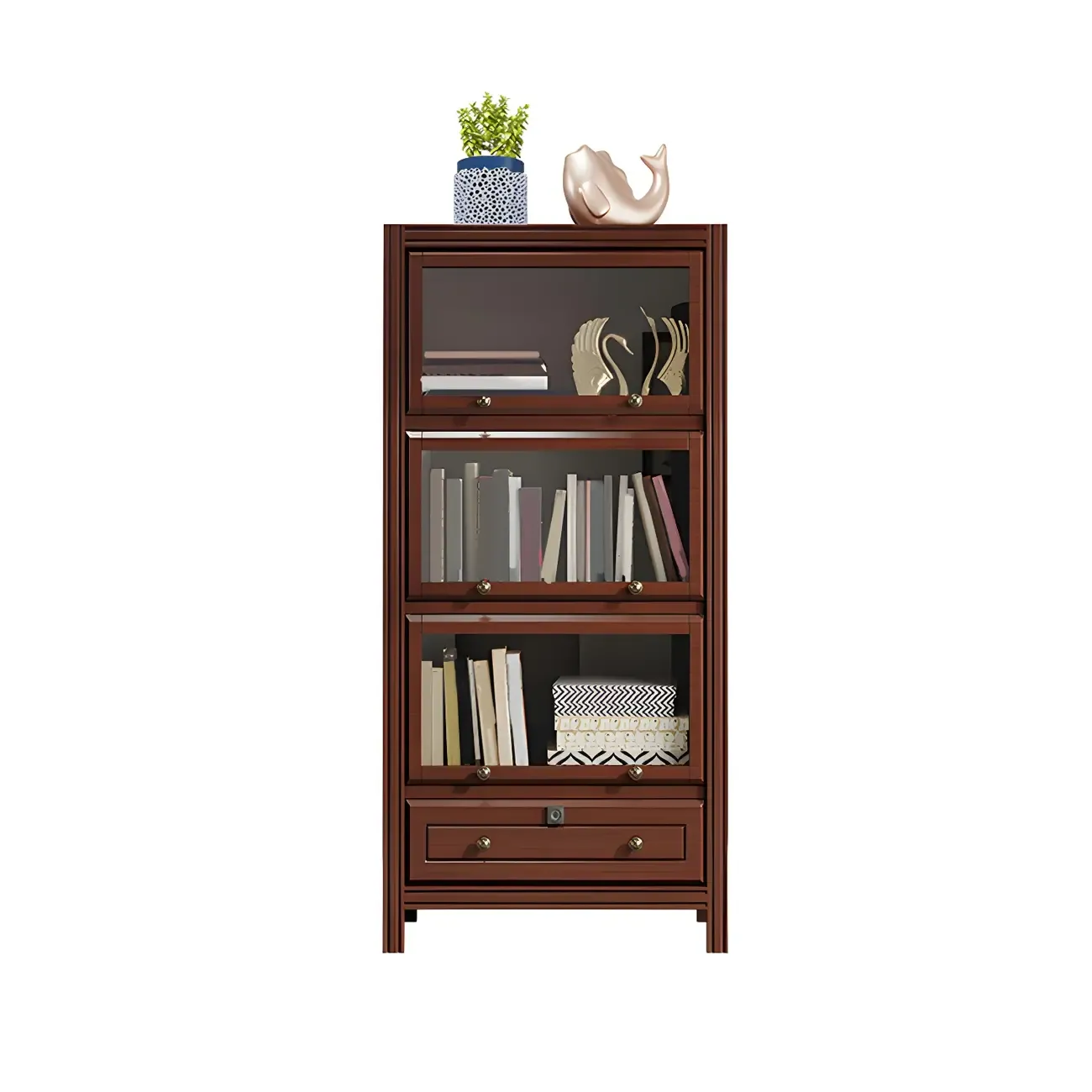 Modish White Wooden Bookcase with Glass Doors Image - 10