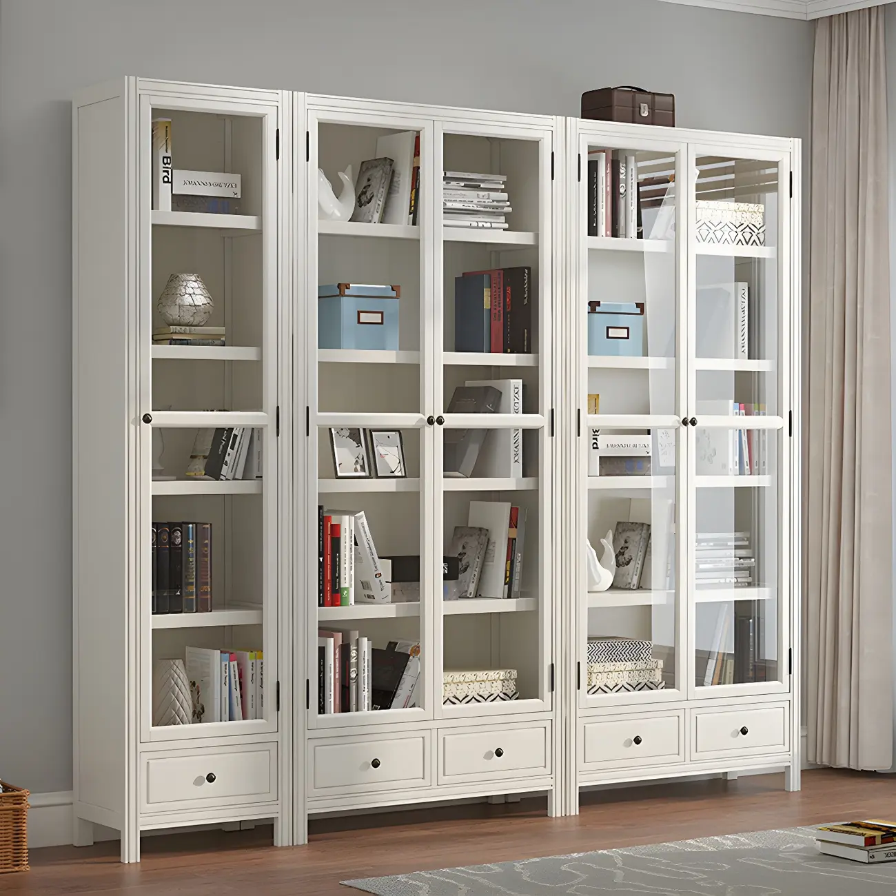 Modish White Wooden Bookcase with Glass Doors Image - 17 | homeyfad