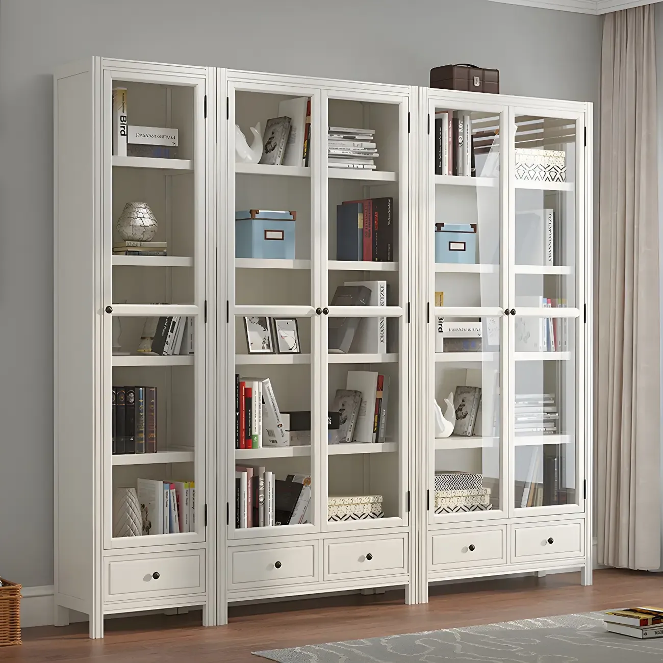 Modish White Wooden Bookcase with Glass Doors Image - 17
