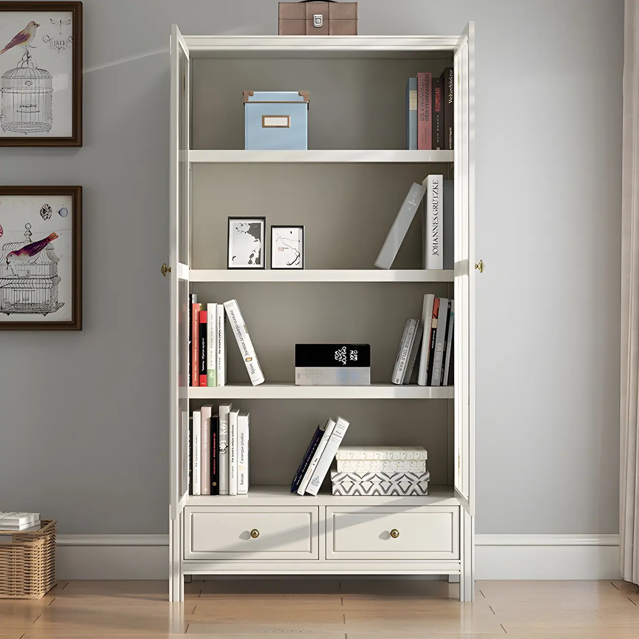 Modish White Wooden Bookcase with Glass Doors Image - 19 | homeyfad