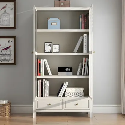 Modish White Wooden Bookcase with Glass Doors Image - 19