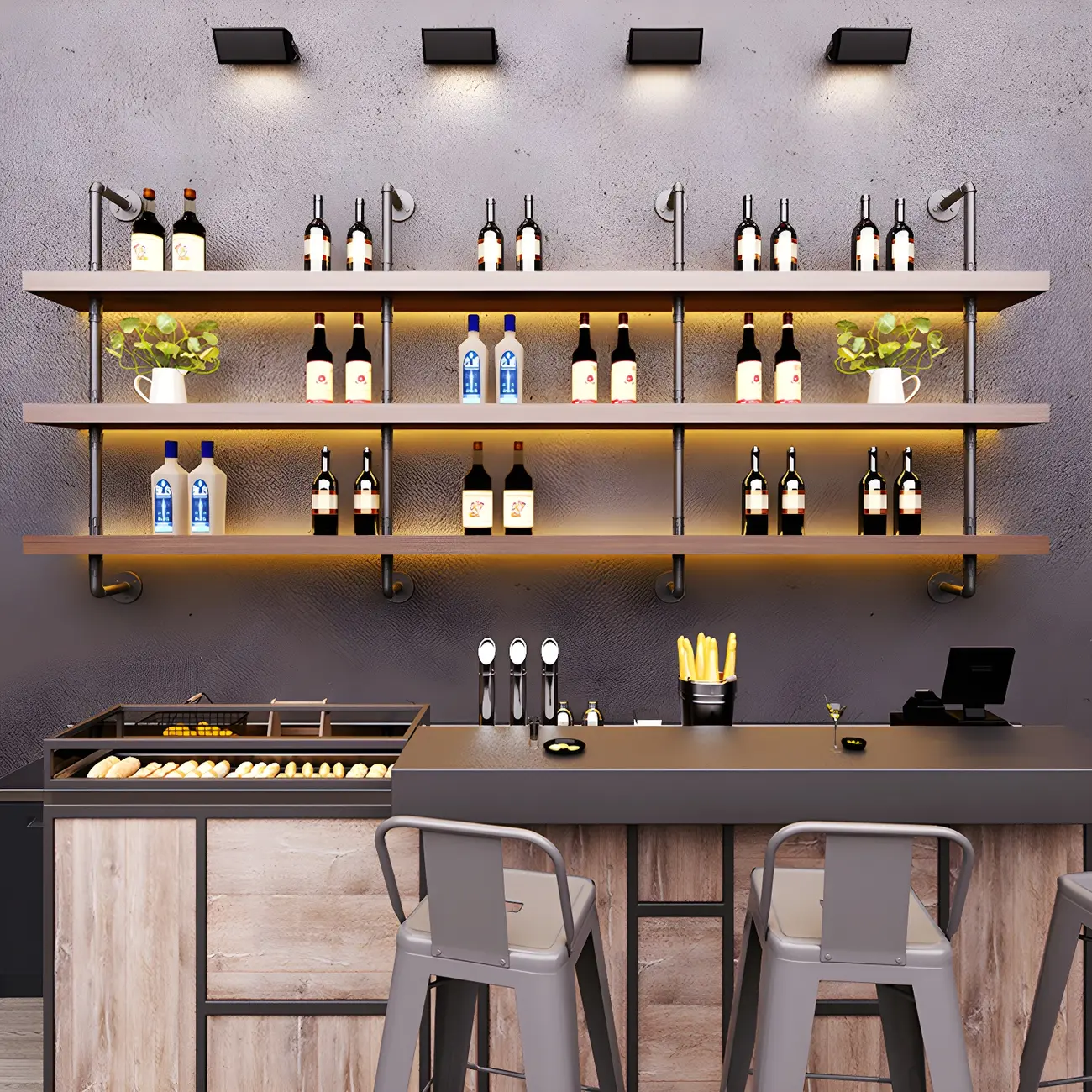 Brown Pine Wood Wall-Mounted Wine Rack with Light Image - 1 | homeyfad