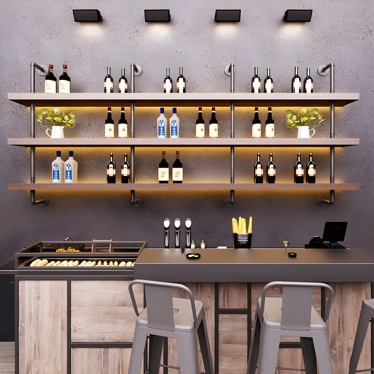 Brown Pine Wood Wall-Mounted Wine Rack with Light | HomeyFad