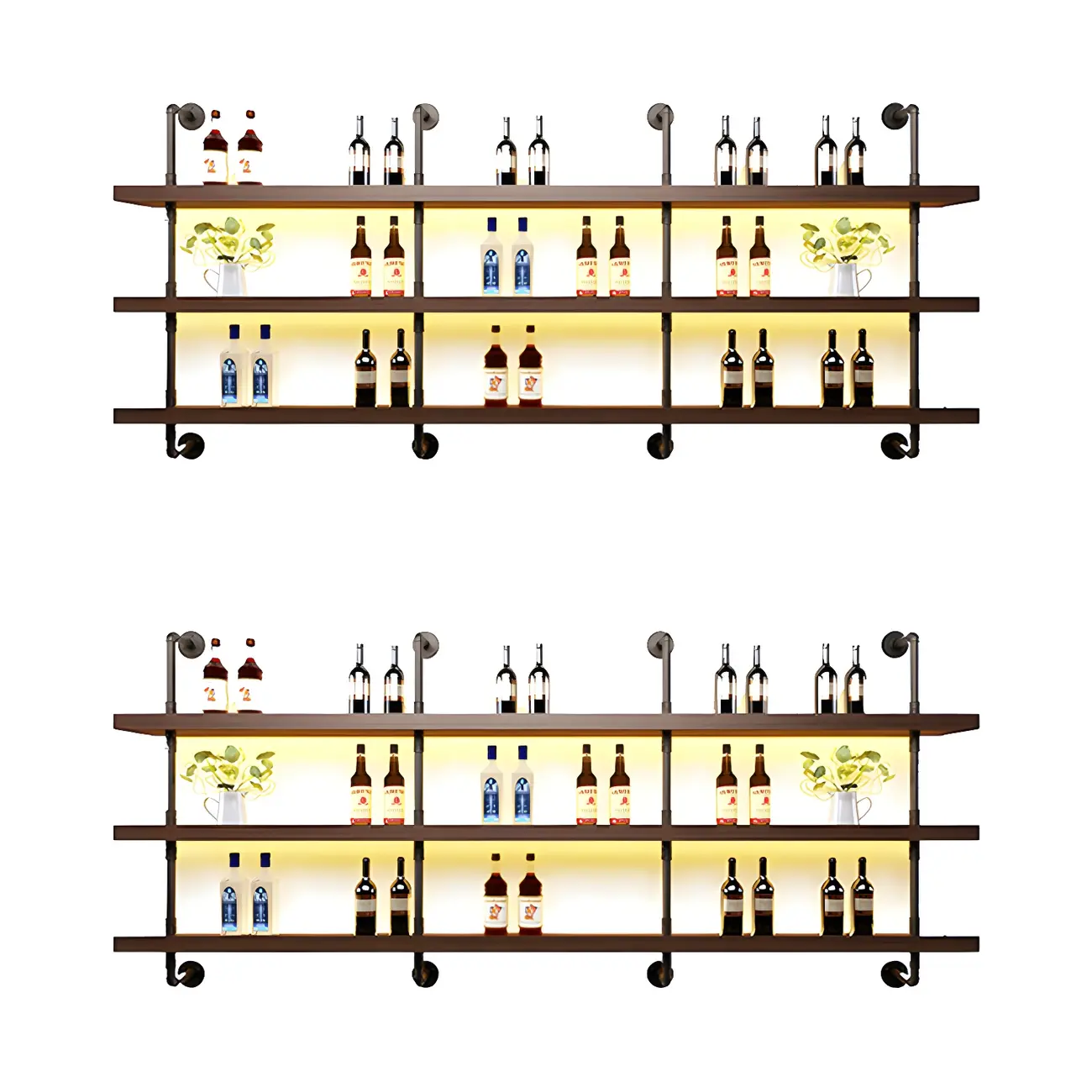 Brown Pine Wood Wall-Mounted Wine Rack with Light Image - 5 | homeyfad
