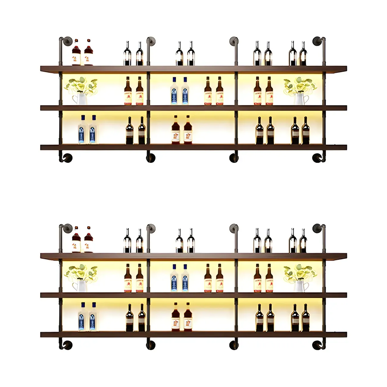 Brown Pine Wood Wall-Mounted Wine Rack with Light Image - 5