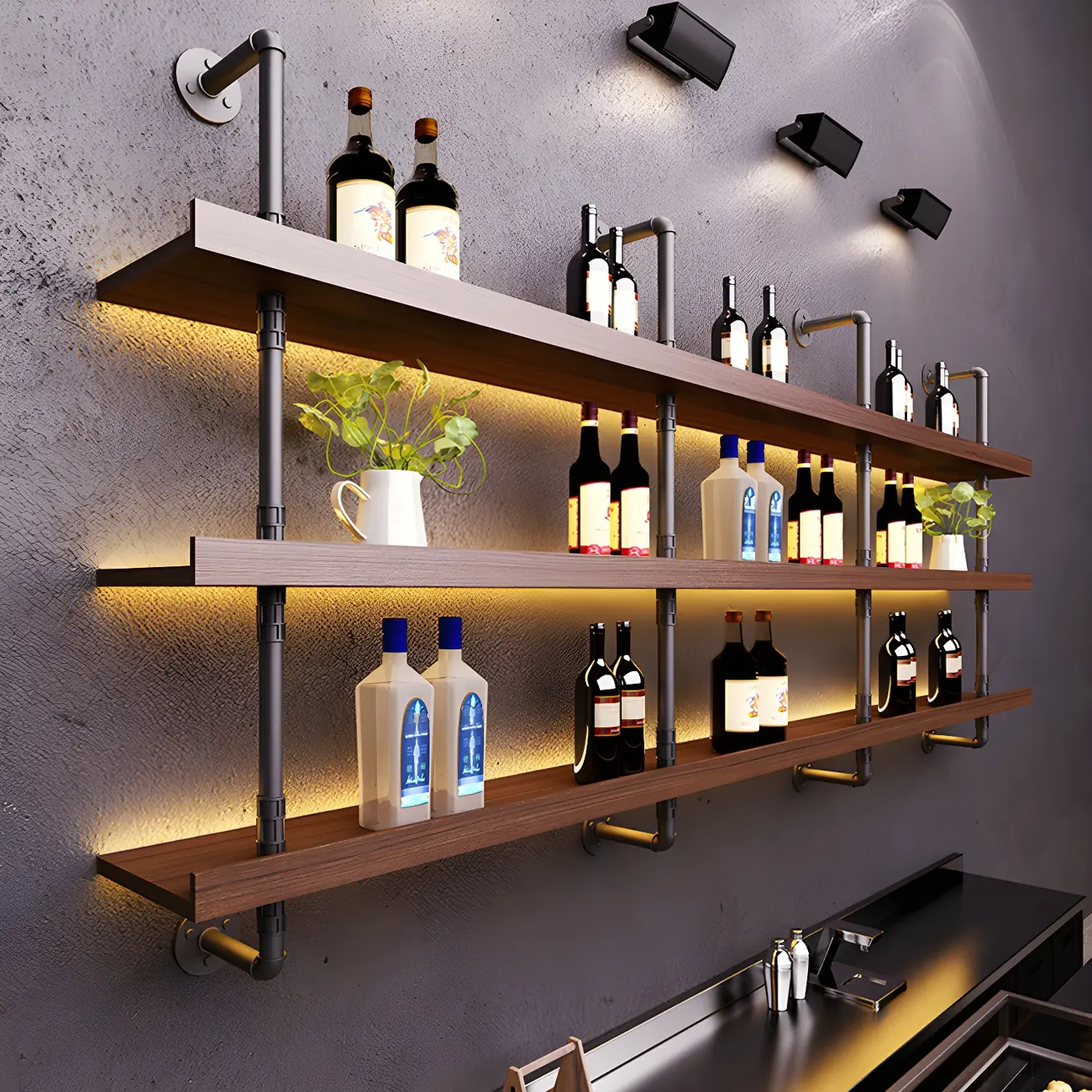 Brown Pine Wood Wall-Mounted Wine Rack with Light Image - 3 | homeyfad