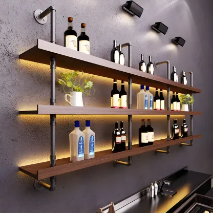 Brown Pine Wood Wall-Mounted Wine Rack with Light Image - 3