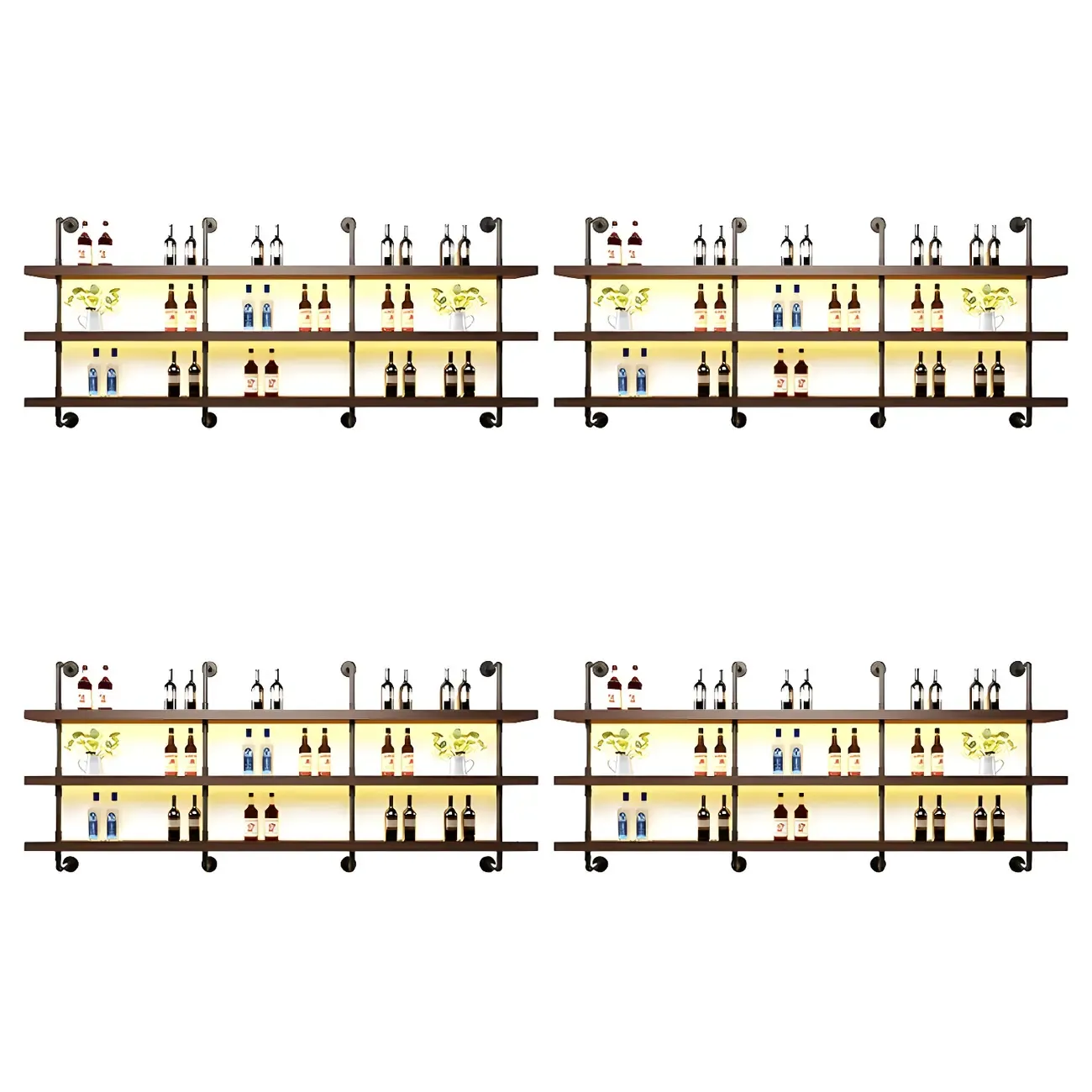 Brown Pine Wood Wall-Mounted Wine Rack with Light Image - 6