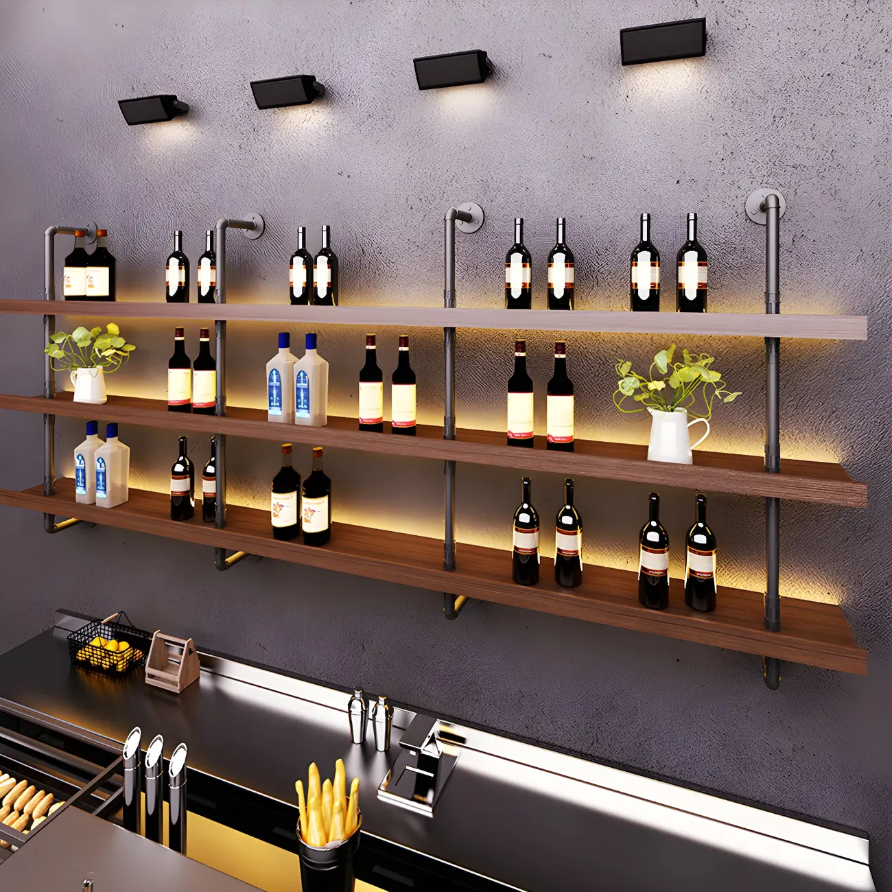 Brown Pine Wood Wall-Mounted Wine Rack with Light Image - 2 | homeyfad