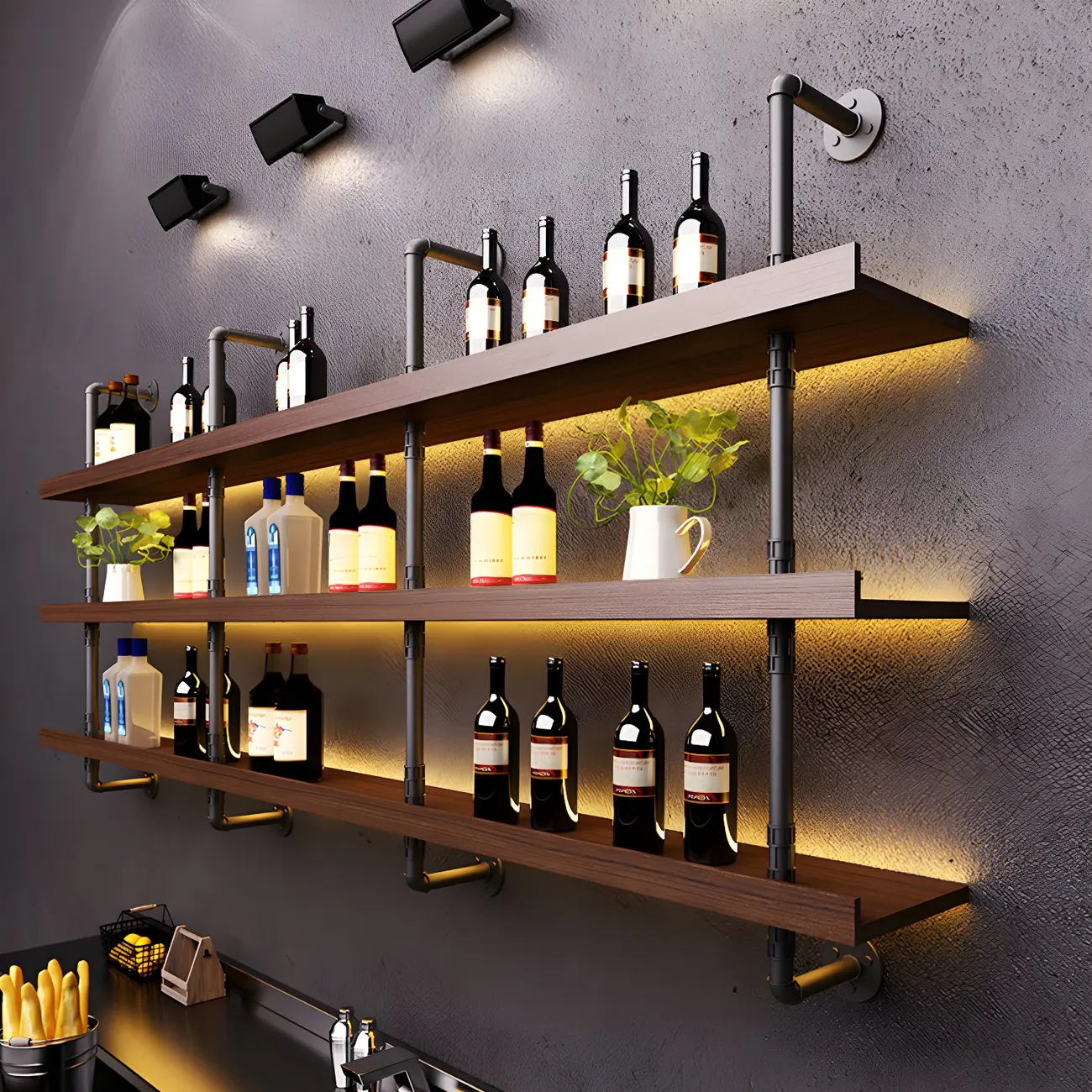 Brown Pine Wood Wall-Mounted Wine Rack with Light Image - 7 | homeyfad