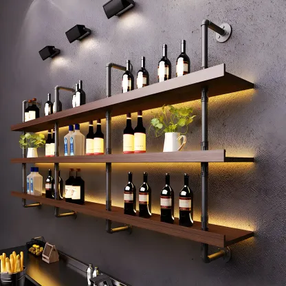Brown Pine Wood Wall-Mounted Wine Rack with Light Image - 7