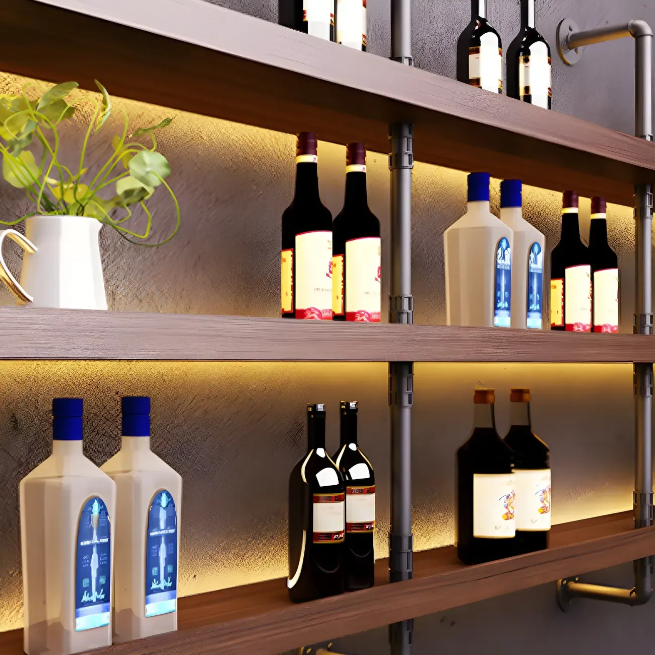 Brown Pine Wood Wall-Mounted Wine Rack with Light Image - 9