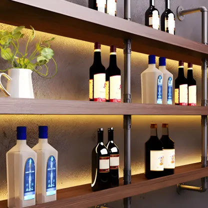 Brown Pine Wood Wall-Mounted Wine Rack with Light Image - 9