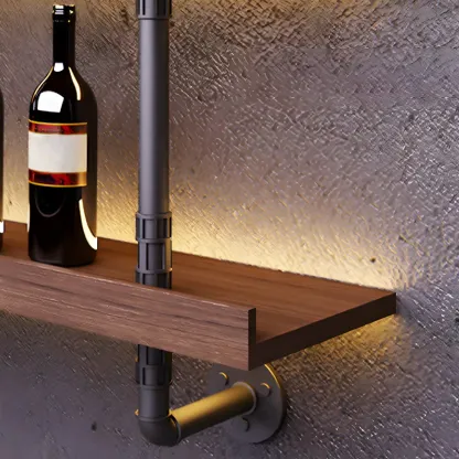 Brown Pine Wood Wall-Mounted Wine Rack with Light Image - 10