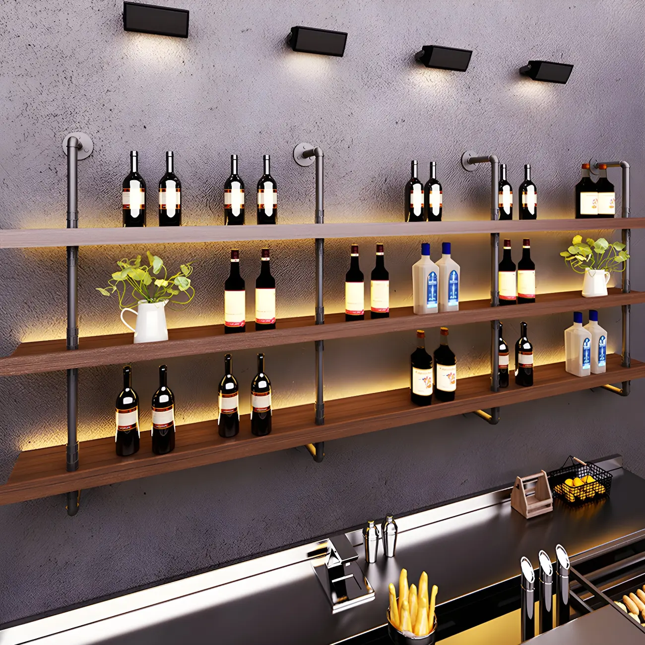 Brown Pine Wood Wall-Mounted Wine Rack with Light Image - 12 | homeyfad