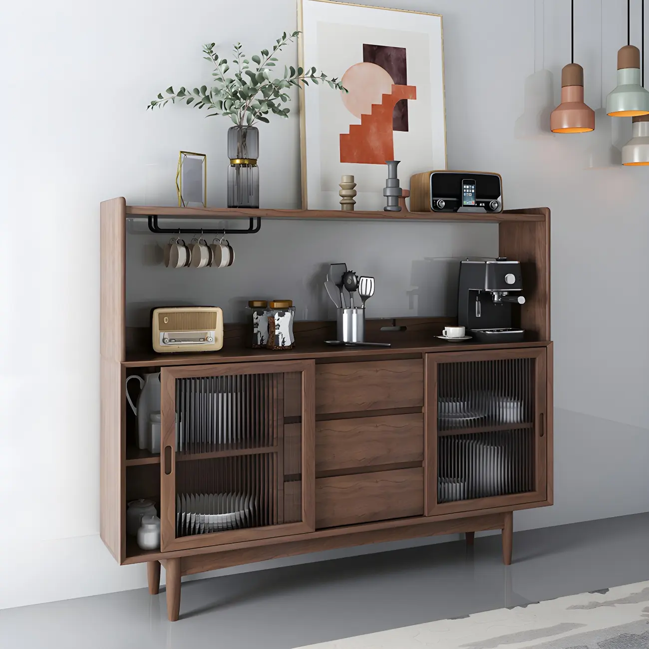 Natural Wood Glass Doors Storage Dining Hutch Cabinet Image - 3 | homeyfad