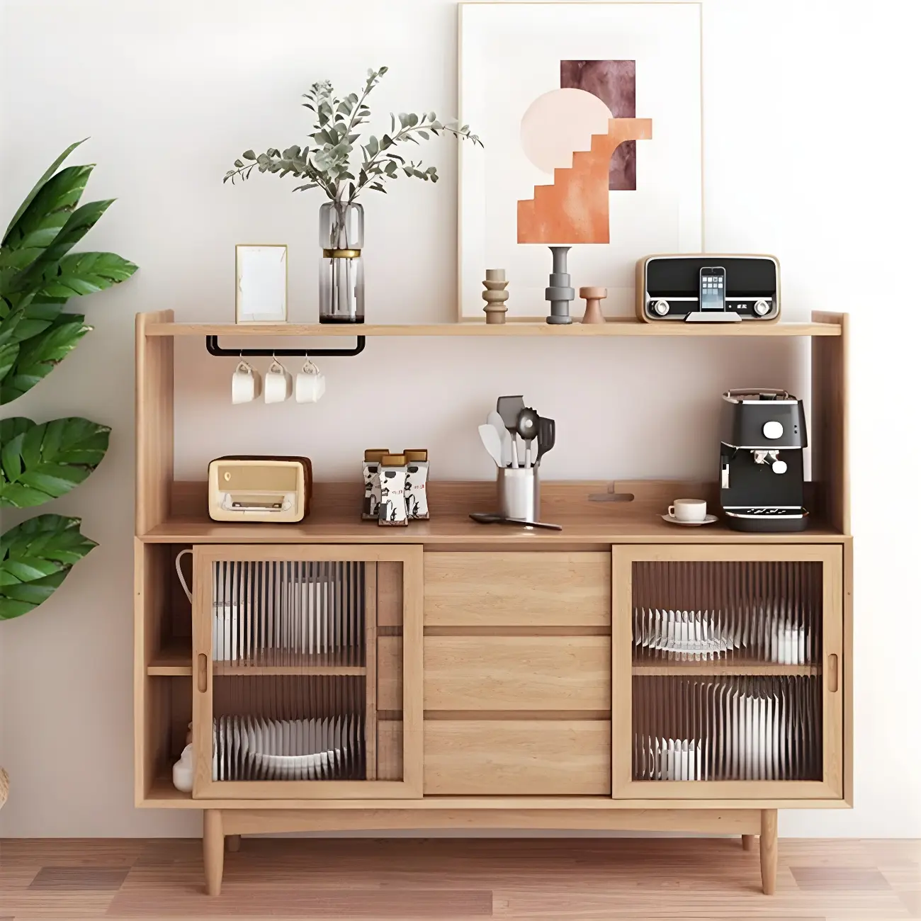 Natural Wood Glass Doors Storage Dining Hutch Cabinet Image - 2 | homeyfad