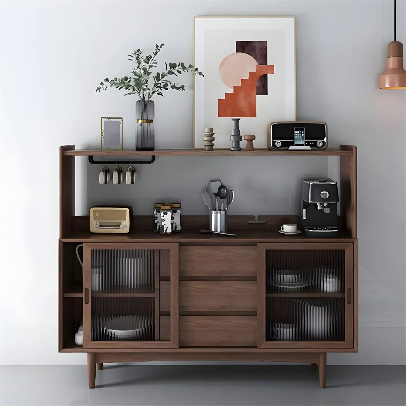 Natural Wood Glass Doors Storage Dining Hutch Cabinet Image - 4 | homeyfad