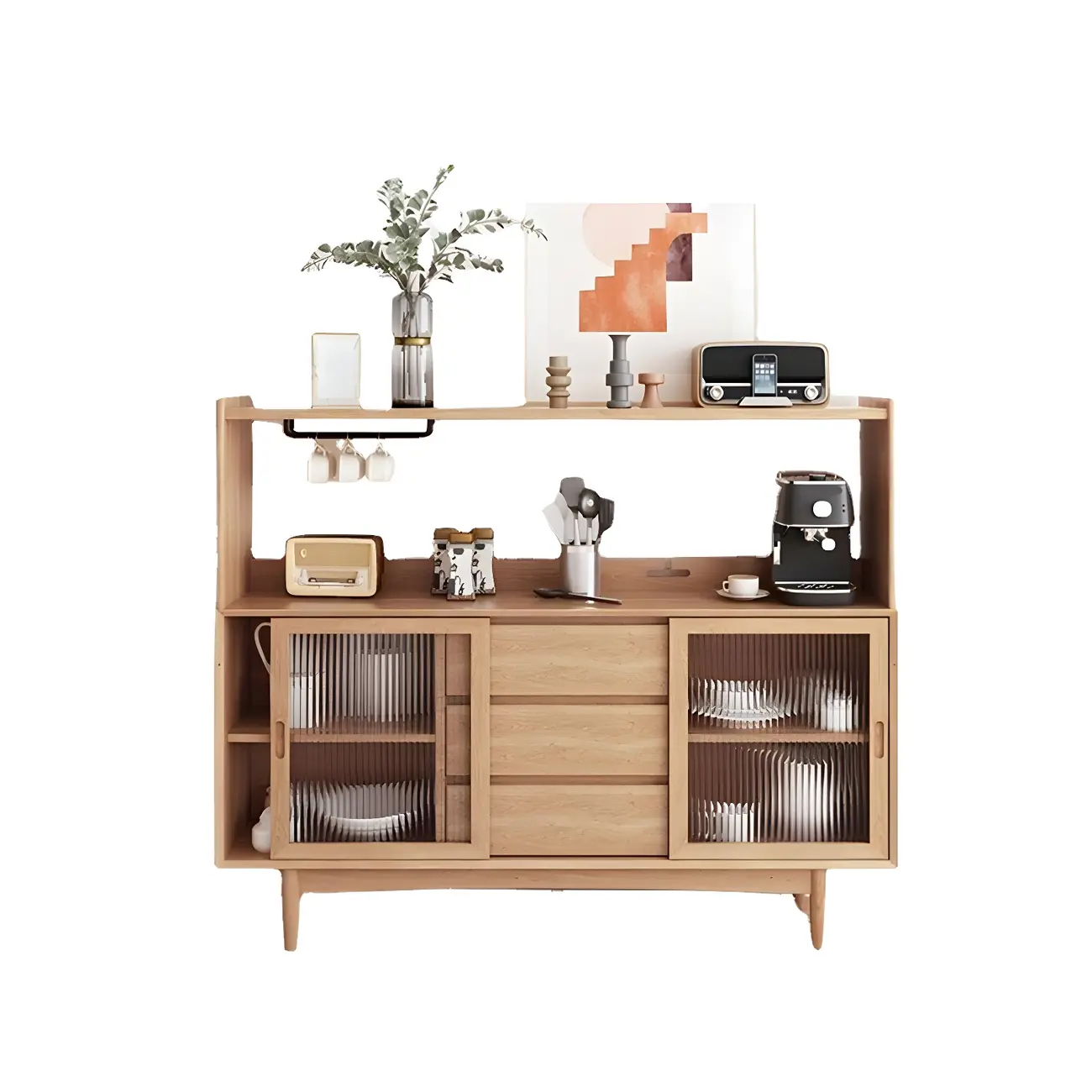 Natural Wood Glass Doors Storage Dining Hutch Cabinet Image - 12 | homeyfad