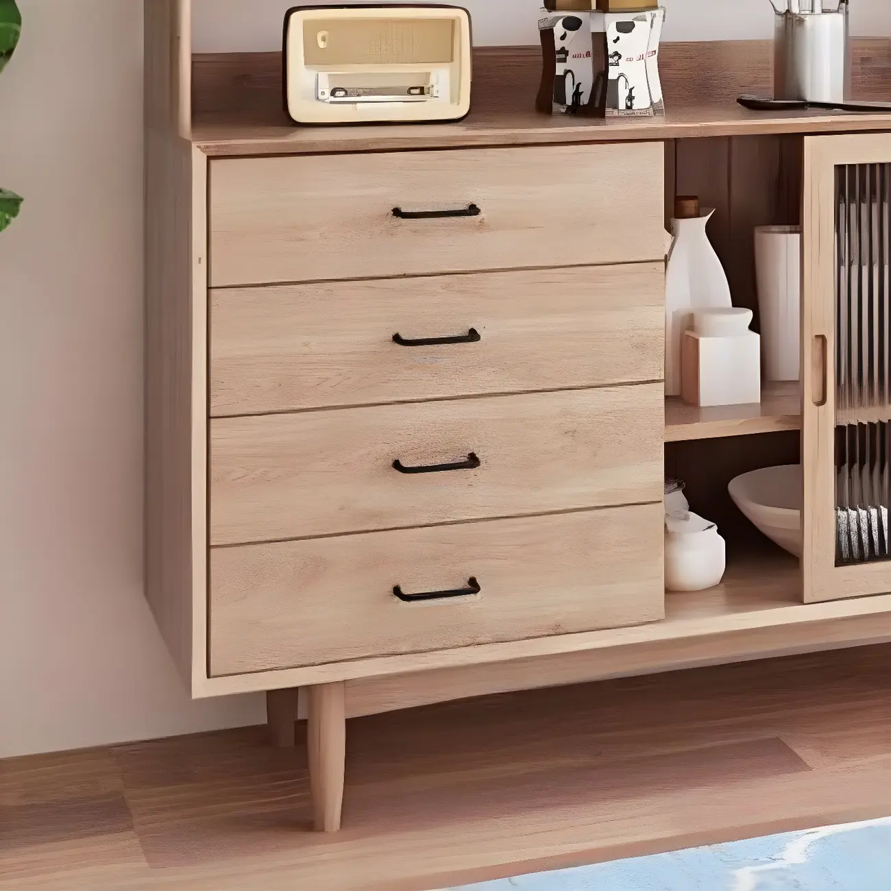 Natural Wood Glass Doors Storage Dining Hutch Cabinet Image - 7 | homeyfad