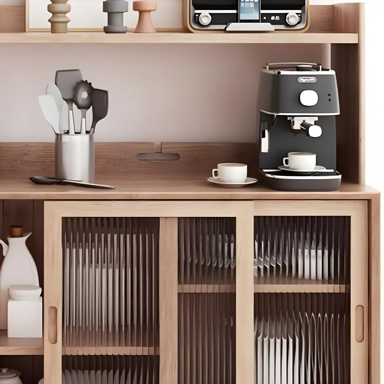 Natural Wood Glass Doors Storage Dining Hutch Cabinet Image - 5 | homeyfad