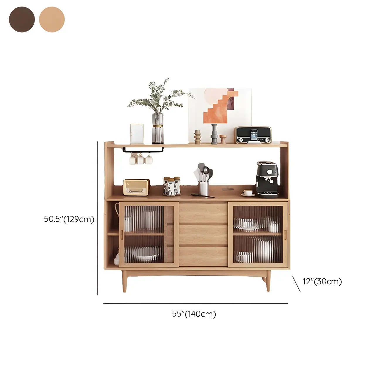 Natural Wood Glass Doors Storage Dining Hutch Cabinet Image - 10 | homeyfad