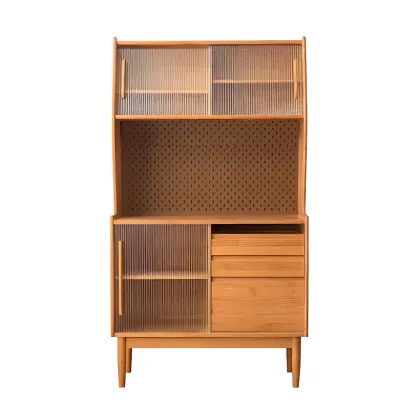 Glam Wooden Display Cabinet with Sliding Doors for Dining Room Image - 4