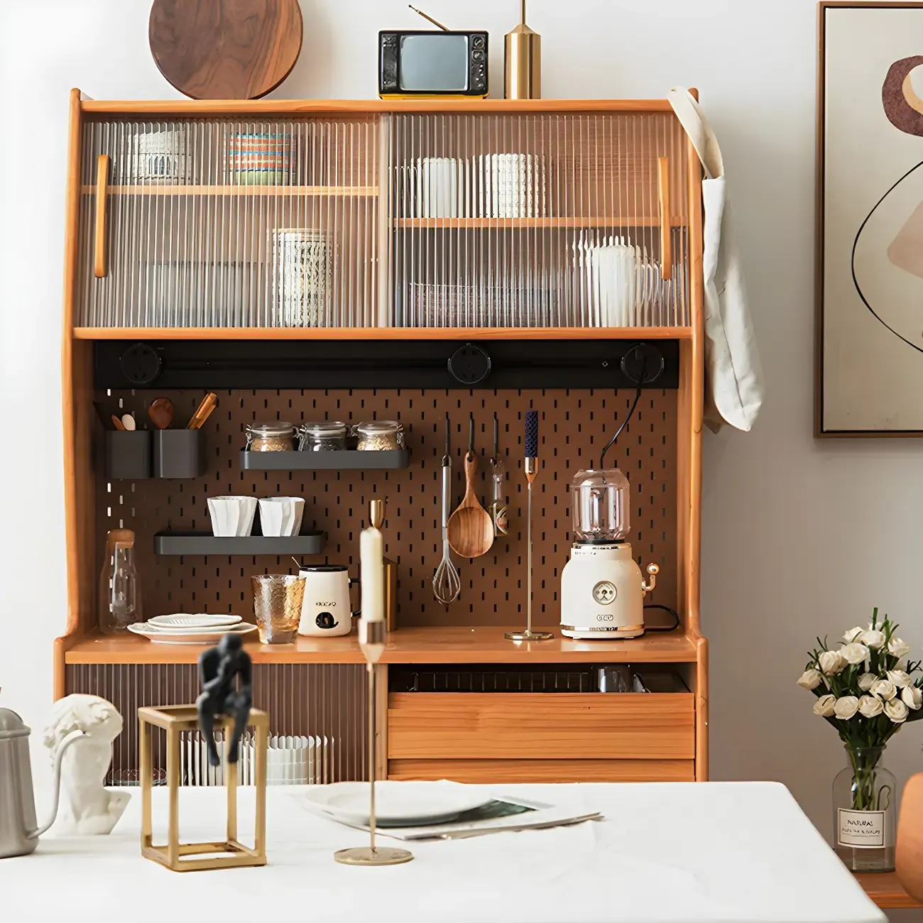 Glam Wooden Display Cabinet with Sliding Doors for Dining Room Image - 6