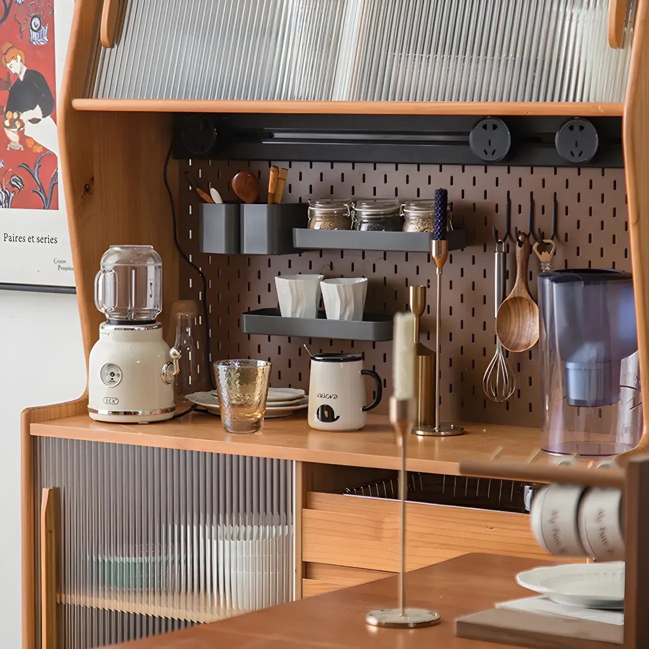 Glam Wooden Display Cabinet with Sliding Doors for Dining Room Image - 16