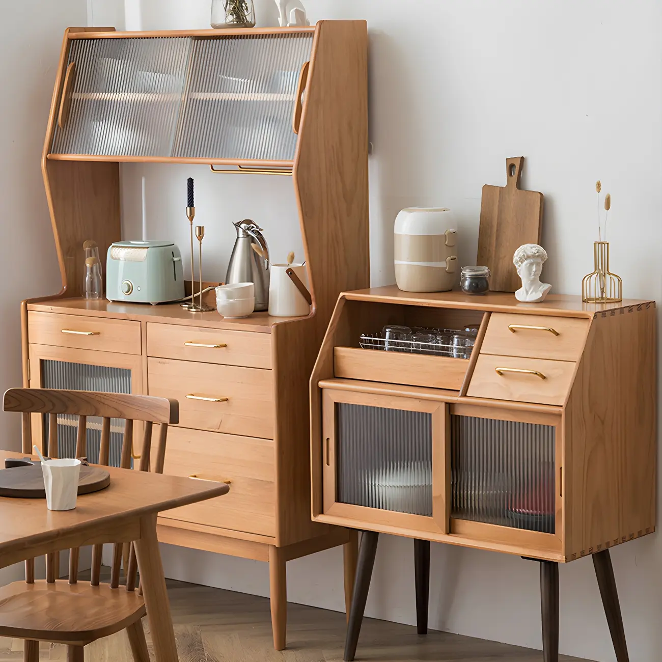 Retro Wooden Display Cabinet with Glass Doors for Kitchen Image - 5 | homeyfad