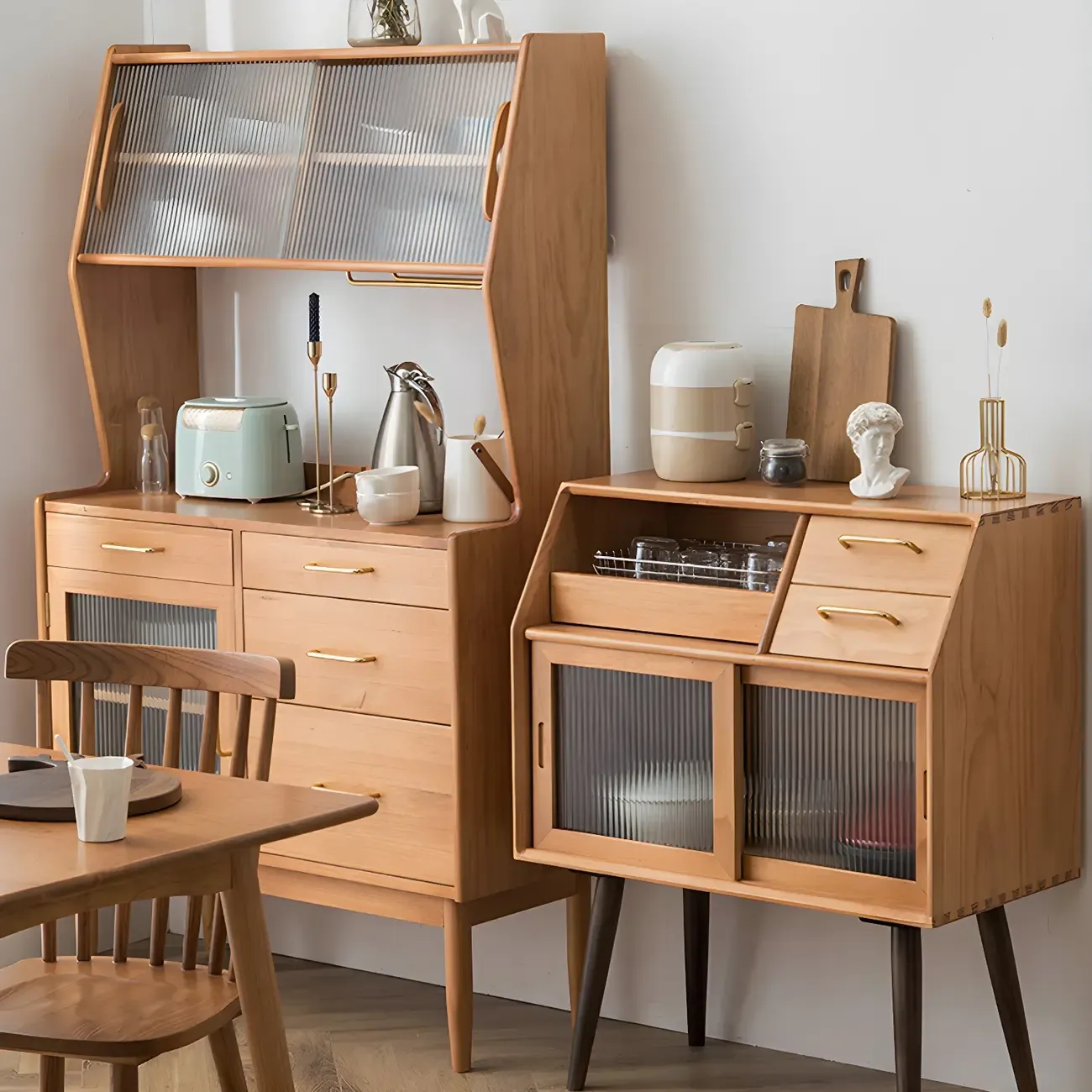 Retro Wooden Display Cabinet with Glass Doors for Kitchen Image - 5