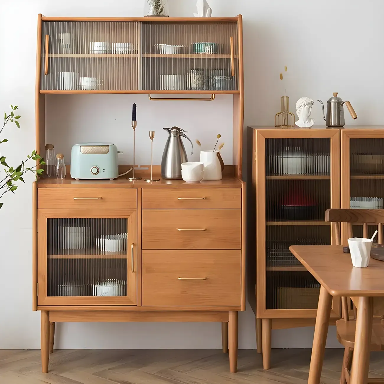 Retro Wooden Display Cabinet with Glass Doors for Kitchen Image - 8