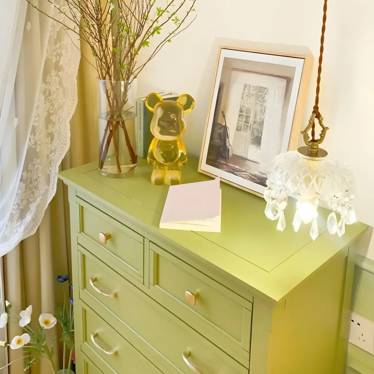 Elegant Wooden Dresser in Green Color with Storage Image - 12