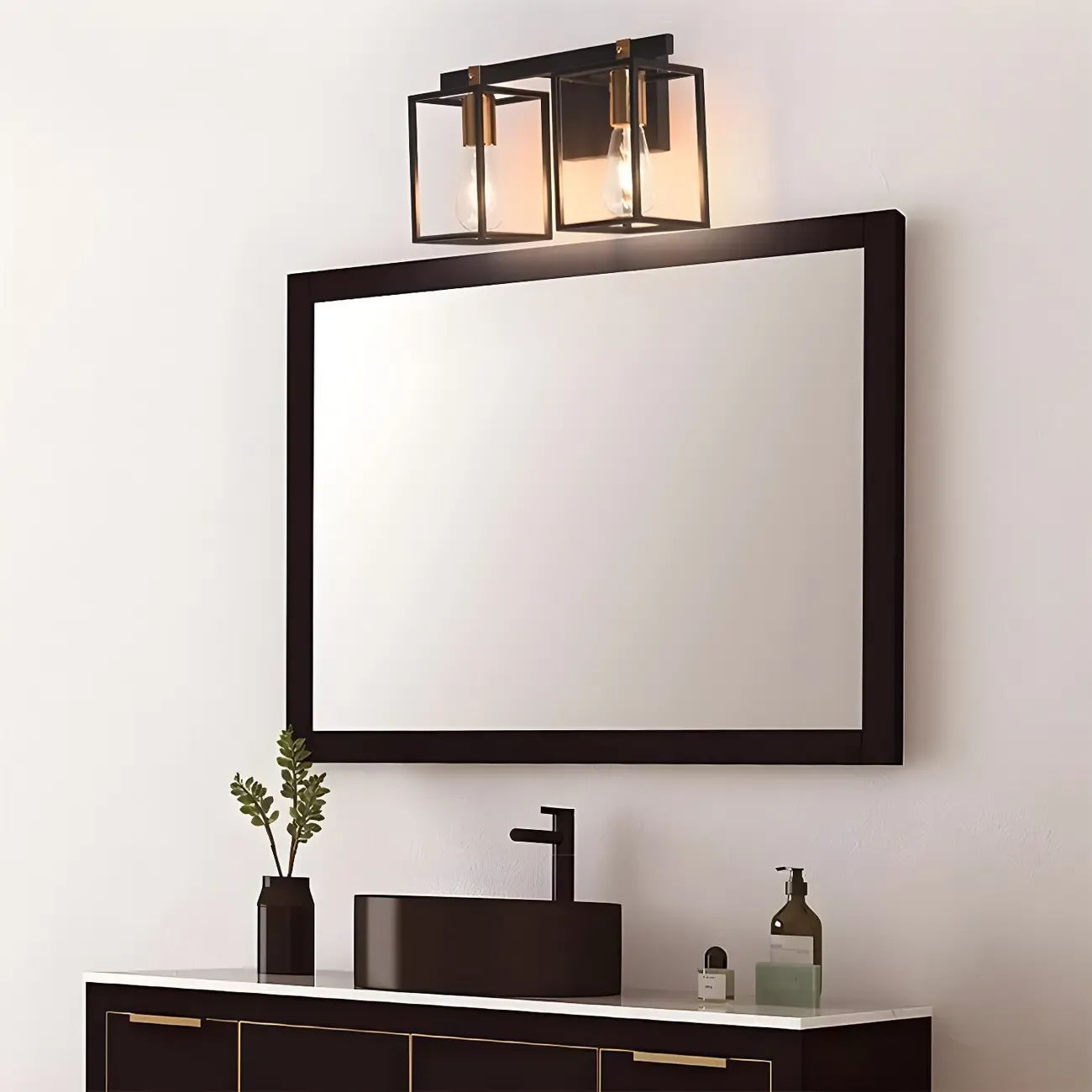 3-Light Linear Cube Black Iron Caged Vanity Light Image - 11