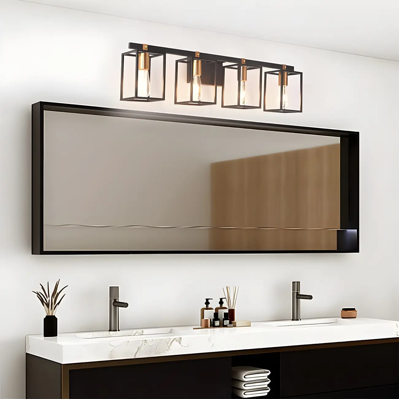 3-Light Linear Cube Black Iron Caged Vanity Light Image - 5 | homeyfad