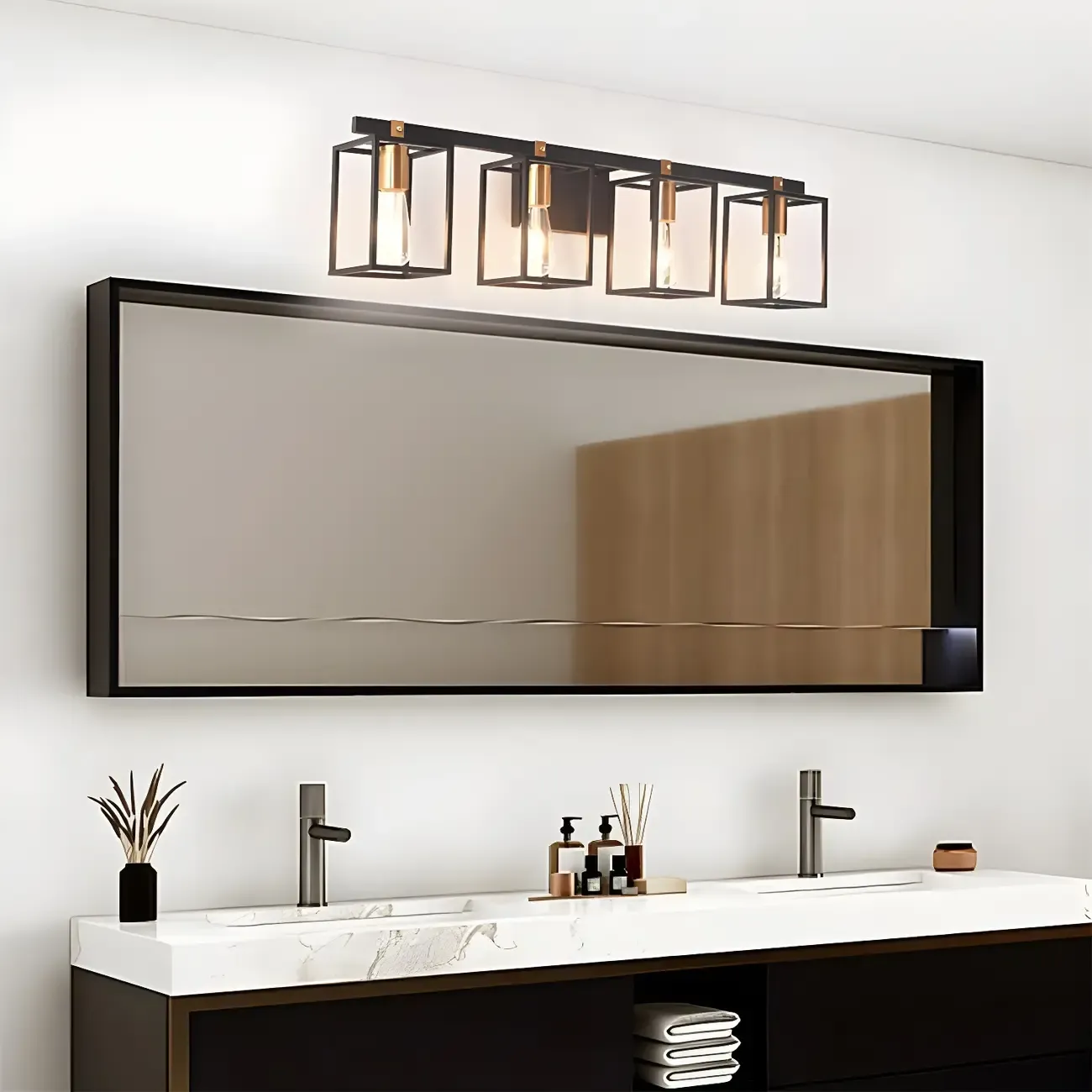 3-Light Linear Cube Black Iron Caged Vanity Light Image - 5