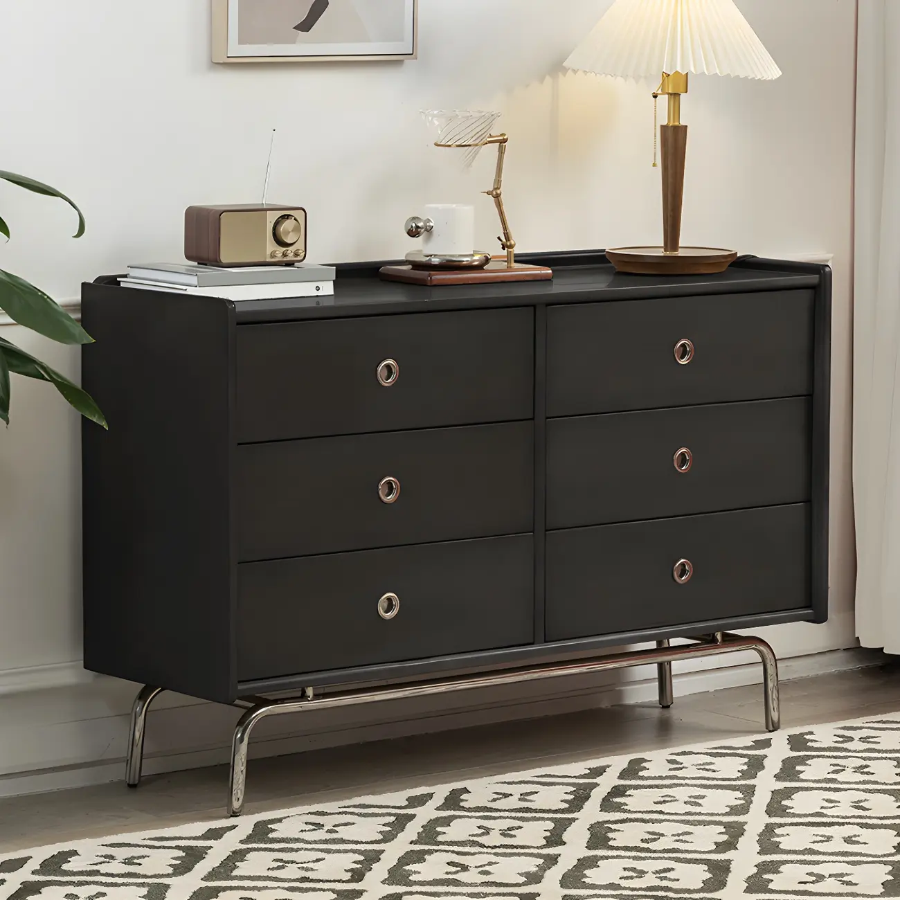 Stylish Pine Wooden Black Double Dresser Chest for Bedroom Image - 2 | homeyfad