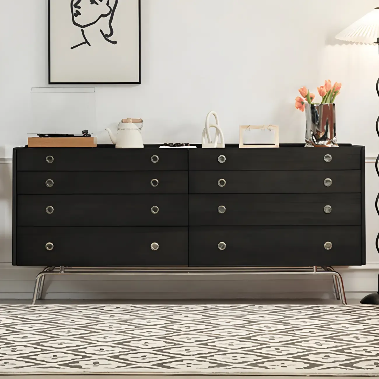 Stylish Pine Wooden Black Double Dresser Chest for Bedroom Image - 3
