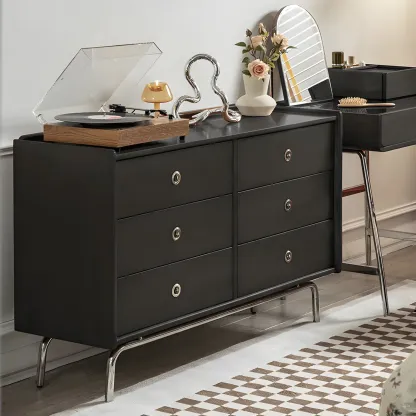 Stylish Pine Wooden Black Double Dresser Chest for Bedroom Image - 4