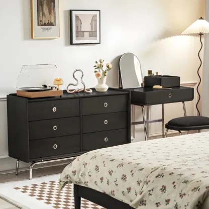 Stylish Pine Wooden Black Double Dresser Chest for Bedroom Image - 16